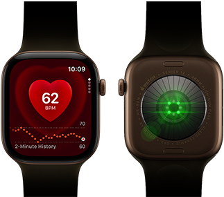 Two Apple Watch Series 12 devices, aluminium case, dark bronze colour with olive Sport Band, one showing the Heart Rate app, the other with the Health Sensing System on the back of the watch, with glowing green LED lights
