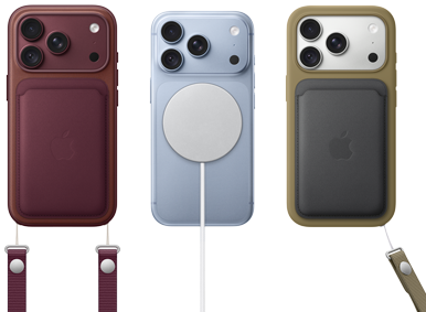 From left to right, iPhone 18 Pro in Burgundy leather case with Burgundy Crossbody strap, middle iPhone 18 Pro in Glacier with White MagSafe charger attached, right iPhone 18 Pro in Silver in green leather wallet case with wrist strap