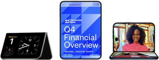 iPhone Duo, various positions: inverted open landscape orientation, unfolded at slight angle, exterior display, all-screen design. Open vertical orientation, screen displays a banking app. Open landscape orientation, unfolded at right angle, interior display, all-screen design.
