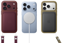 From left to right, iPhone 18 Pro in Burgundy leather case with Burgundy Crossbody strap, middle iPhone 18 Pro in Glacier with White MagSafe charger attached, right iPhone 18 Pro in Silver in green leather wallet case with wrist strap