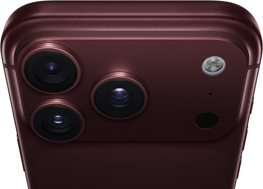 iPhone 18 Pro Max, burgundy colour (dark red), back exterior, Pro Fusion camera system at top, three lenses, variable aperture blades partially closed, flash, microphone and LiDAR Scanner, top exterior, mobile antenna, flat sides, rounded edges