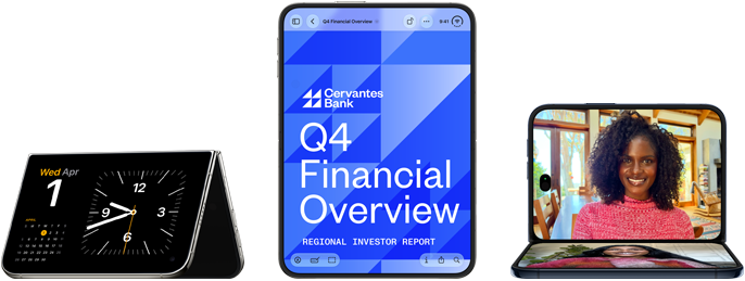 iPhone Duo, various positions: inverted open landscape orientation, unfolded at slight angle, exterior display, all-screen design. Open vertical orientation, screen displays a banking app. Open landscape orientation, unfolded at right angle, interior display, all-screen design.