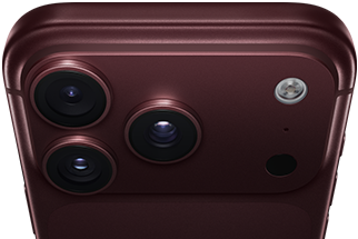 iPhone 18 Pro Max, burgundy colour (dark red), back exterior, Pro Fusion camera system at top, three lenses, variable aperture blades partially closed, flash, microphone and LiDAR Scanner, top exterior, mobile antenna, flat sides, rounded edges