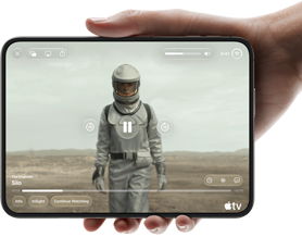 iPhone&nbsp;Duo, held with one hand, opened in horizontal orientation, fully unfolded, interior screen displays Apple&nbsp;TV show “Silo”