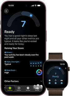 iPhone 18 Pro, black, front exterior, displaying the results of the Readiness status (score of 7), paired with Apple Watch, front facing, brown, displaying the same Readiness score of 7