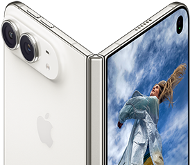 iPhone Duo, partially open like a book with hinge mechanism in the centre, exterior back panel on the left features an Apple logo and dual-camera, outer display on the right shows a portrait photo of a person with blonde hair