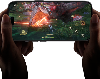 iPhone 18 Pro, front exterior, demonstrating the performance capabilities of the A20 Pro chip with a scene from the Monster Hunter Outlanders