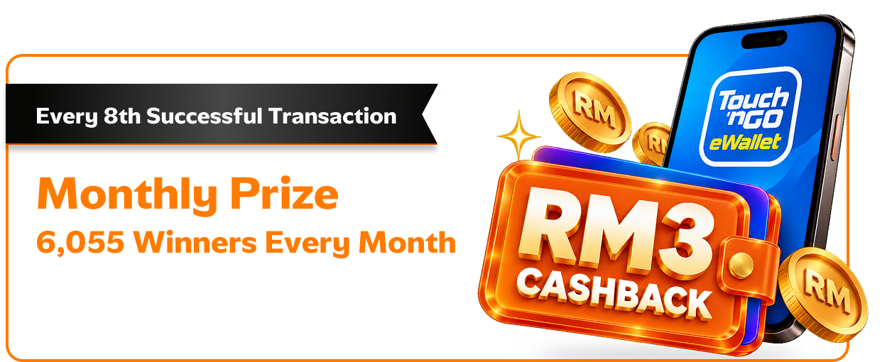 Monthly Prize: RM3 cashback, 6,055 winners every month. Every 8th successful transaction.