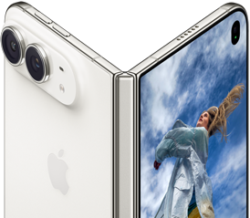 iPhone&nbsp;Duo, partially open like a book with hinge mechanism in the centre, exterior back panel on the left features an Apple logo and dual-camera, outer display on the right shows a portrait photo of a person with blonde hair