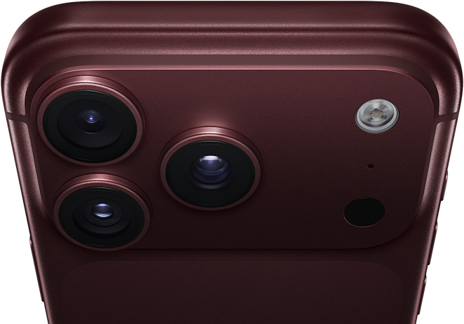 iPhone 18 Pro Max, burgundy colour (dark red), back exterior, Pro Fusion camera system at top, three lenses, variable aperture blades partially closed, flash, microphone and LiDAR Scanner, top exterior, mobile antenna, flat sides, rounded edges
