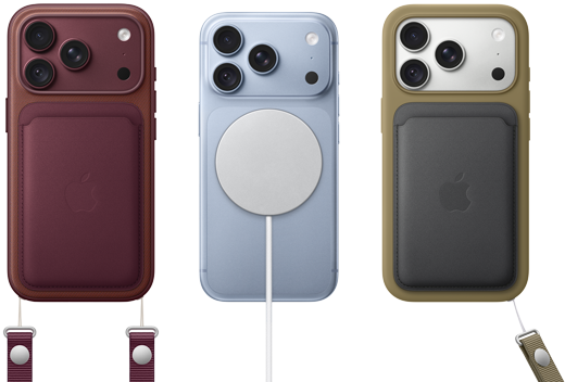 From left to right, iPhone 18 Pro in Burgundy leather case with Burgundy Crossbody strap, middle iPhone 18 Pro in Glacier with White MagSafe charger attached, right iPhone 18 Pro in Silver in green leather wallet case with wrist strap
