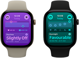 Two Apple Watch Series 12 devices: aluminium case, light gold colour, Daytime Vitals Slightly Off, Digital Crown, sand Sport Band, aluminium case, black colour, Overnight Vitals Favourable, Digital Crown, black Sport Band