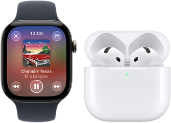 Apple Watch Series 12, aluminium case, black colour, black Sport Band, Apple Music app open, paired with AirPods 4