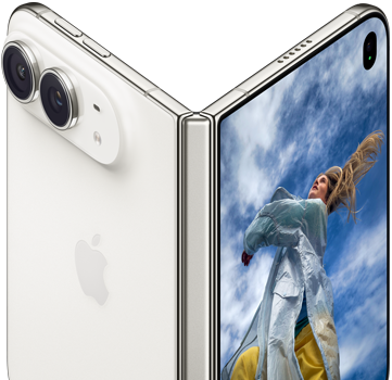 iPhone&nbsp;Duo, partially open like a book with hinge mechanism in the centre, exterior back panel on the left features an Apple logo and dual-camera, outer display on the right shows a portrait photo of a person with blonde hair