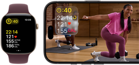 Apple Watch next to iPhone with Apple Fitness+ class on screen