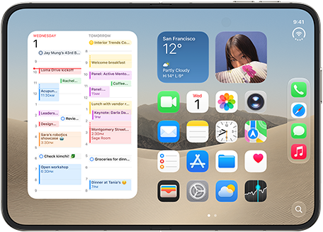 iPhone Duo, opened in landscape orientation, left shows calendar widget, right shows iOS home screen