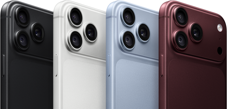 iPhone 18 Pro devices in a row, back exterior, all four colours: Black, Glacier, Silver, Burgundy, Pro Fusion camera system in top left corner, three lenses, microphone, flash
