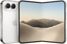 iPhone Duo, folded back exterior, Star White colour, Dual Fusion camera system at top left, Apple logo in centre. Unfolded interior display, all-screen design, rounded corners