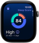 Apple Watch Series 12, aluminium case, space grey colour, sleep score circle graph, right side exterior, Digital Crown