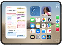iPhone Duo, opened in landscape orientation, left shows calendar widget, right shows iOS home screen