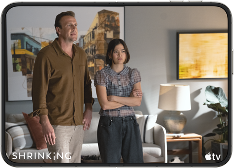 iPhone&nbsp;Duo, opened in horizontal position, Apple&nbsp;TV show “Shrinking” plays on screen