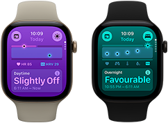Two Apple Watch Series 12 devices: aluminium case, light gold colour, Daytime Vitals Slightly Off, Digital Crown, sand Sport Band, aluminium case, black colour, Overnight Vitals Favourable, Digital Crown, black Sport Band