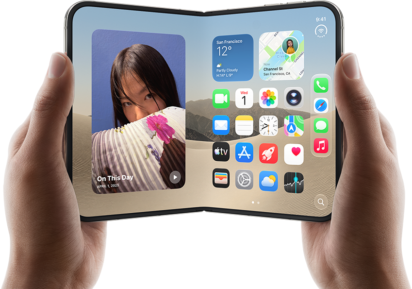 iPhone [V68], [L8] colour, held by two hands in landscape orientation, unfolded, interior screen displays photos on the left, apps on the right