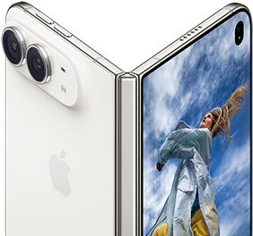 iPhone Duo, partially open like a book with hinge mechanism in the centre, exterior back panel on the left features an Apple logo and dual-camera, outer display on the right shows a portrait photo of a person with blonde hair