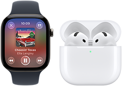Apple Watch Series 12, aluminium case, black colour, black Sport Band, Apple Music app open, paired with AirPods 4