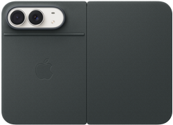 iPhone Duo, Star White colour in Sand Silicone Case, landscape orientation, fully opened horizontally, Dual Fusion cameras on the top left, case covers the back exterior and outer edge of the front display, right side features portrait of person on outer display. iPhone Duo, Star White colour in Navy Blue Folio, back exterior featuring the 48MP Dual Fusion rear cameras, two lenses