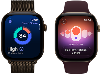 Apple Watch Series 12, aluminium case, dark bronze colour, sleep score circle graph, Digital Crown, Milanese Loop strap, dark bronze colour