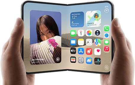 iPhone [V68], [L8] colour, held by two hands in landscape orientation, unfolded, interior screen displays photos on the left, apps on the right