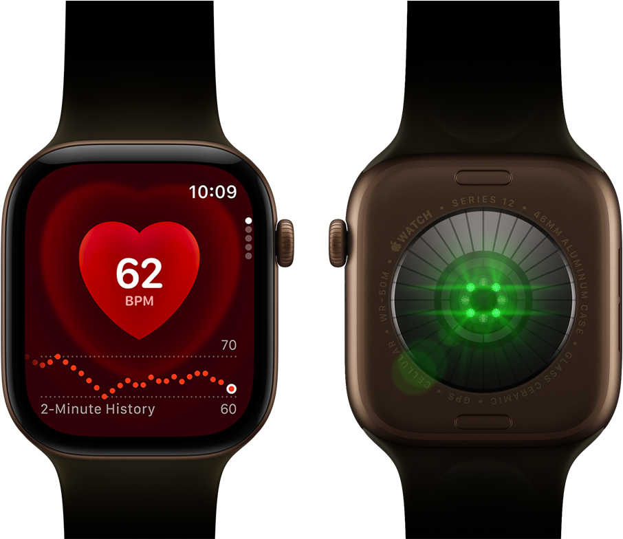 Two Apple Watch Series 12 devices, aluminium case, dark bronze colour with olive Sport Band, one showing the Heart Rate app, the other with the Health Sensing System on the back of the watch, with glowing green LED lights
