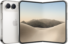 iPhone [V68], folded back exterior, [L8] colour, Dual Fusion camera system at top left, Apple logo in centre. Unfolded interior display, all-screen design, rounded corners
