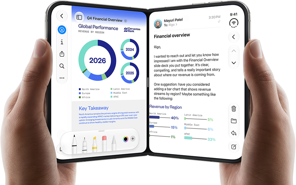 iPhone Duo, held by two hands in open landscape position, left shows a business document in Preview, right shows an email in Mail