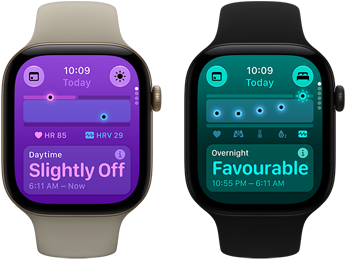 Two Apple Watch Series 12 devices: aluminium case, light gold colour, Daytime Vitals Slightly Off, Digital Crown, sand Sport Band, aluminium case, black colour, Overnight Vitals Favourable, Digital Crown, black Sport Band