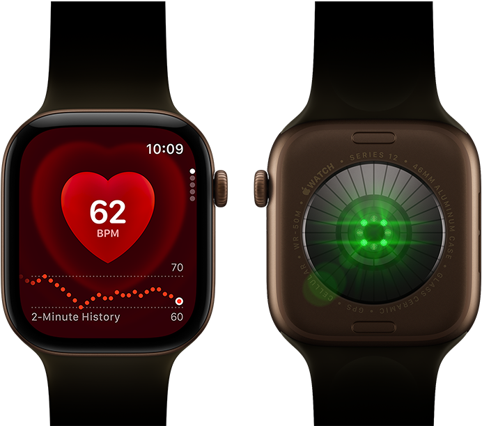 Two Apple Watch Series 12 devices, aluminium case, dark bronze colour with olive Sport Band, one showing the Heart Rate app, the other with the Health Sensing System on the back of the watch, with glowing green LED lights
