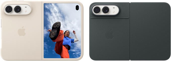 iPhone Duo, Star White colour in Sand Silicone Case, landscape orientation, fully opened horizontally, Dual Fusion cameras on the top left, case covers the back exterior and outer edge of the front display, right side features portrait of person on outer display. iPhone Duo, Star White colour in Navy Blue Folio, back exterior featuring the 48MP Dual Fusion rear cameras, two lenses