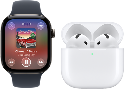 Apple Watch Series 12, aluminium case, black colour, black Sport Band, Apple Music app open, paired with AirPods 4
