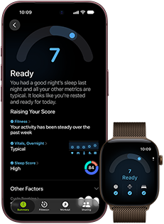 iPhone 18 Pro, black, front exterior, displaying the results of the Readiness status (score of 7), paired with Apple Watch, front facing, brown, displaying the same Readiness score of 7