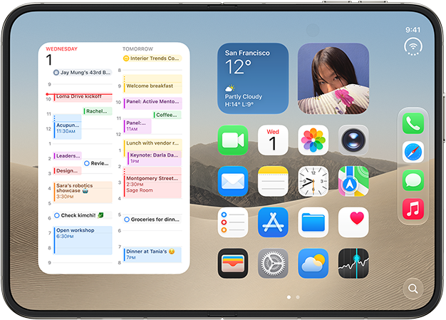 iPhone Duo, opened in landscape orientation, left shows calendar widget, right shows iOS home screen