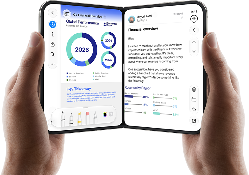 iPhone Duo, held by two hands in open landscape position, left shows a business document in Preview, right shows an email in Mail