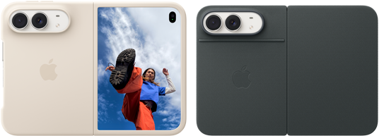 iPhone Duo, Star White colour in Sand Silicone Case, landscape orientation, fully opened horizontally, Dual Fusion cameras on the top left, case covers the back exterior and outer edge of the front display, right side features portrait of person on outer display. iPhone Duo, Star White colour in Navy Blue Folio, back exterior featuring the 48MP Dual Fusion rear cameras, two lenses