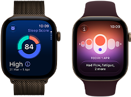 Apple Watch Series 12, aluminium case, dark bronze colour, sleep score circle graph, Digital Crown, Milanese Loop strap, dark bronze colour