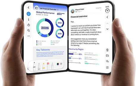 iPhone Duo, held by two hands in open landscape position, left shows a business document in Preview, right shows an email in Mail
