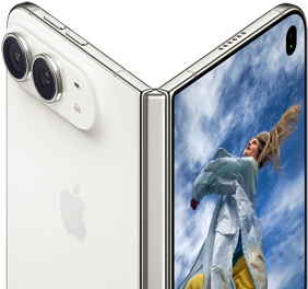 iPhone&nbsp;Duo, partially open like a book with hinge mechanism in the centre, exterior back panel on the left features an Apple logo and dual-camera, outer display on the right shows a portrait photo of a person with blonde hair