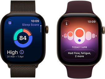 Apple Watch Series 12, aluminium case, dark bronze colour, sleep score circle graph, Digital Crown, Milanese Loop strap, dark bronze colour