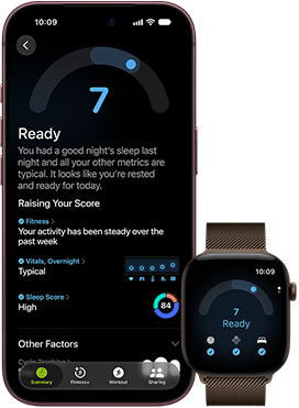iPhone 18 Pro, black, front exterior, displaying the results of the Readiness status (score of 7), paired with Apple Watch, front facing, brown, displaying the same Readiness score of 7