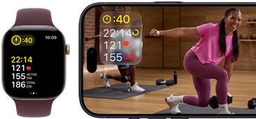 Apple Watch next to iPhone with Apple Fitness+ class on screen