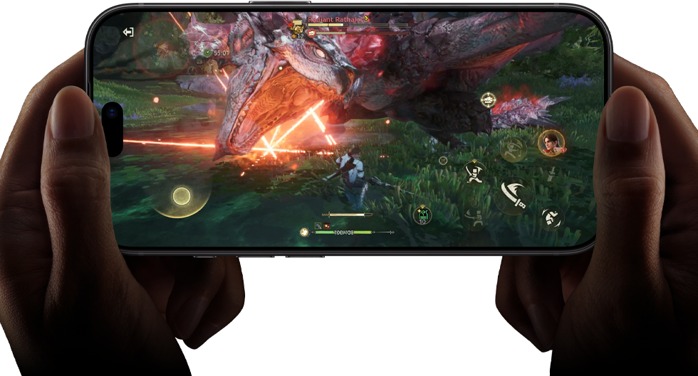 iPhone 18 Pro, front exterior, demonstrating the performance capabilities of the A20 Pro chip with a scene from the Monster Hunter Outlanders